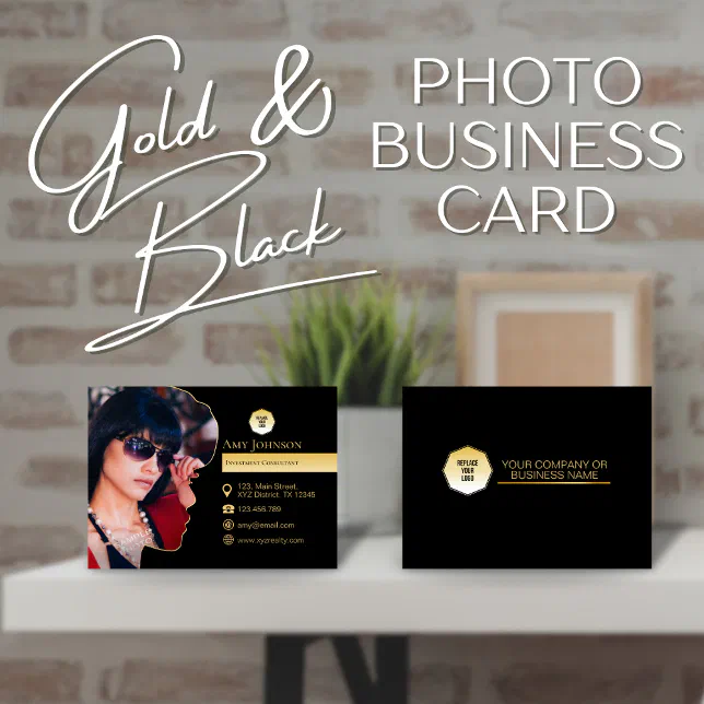 Elegant Gold & Black, Add Own Photo & Custom Logo Business Card | Zazzle