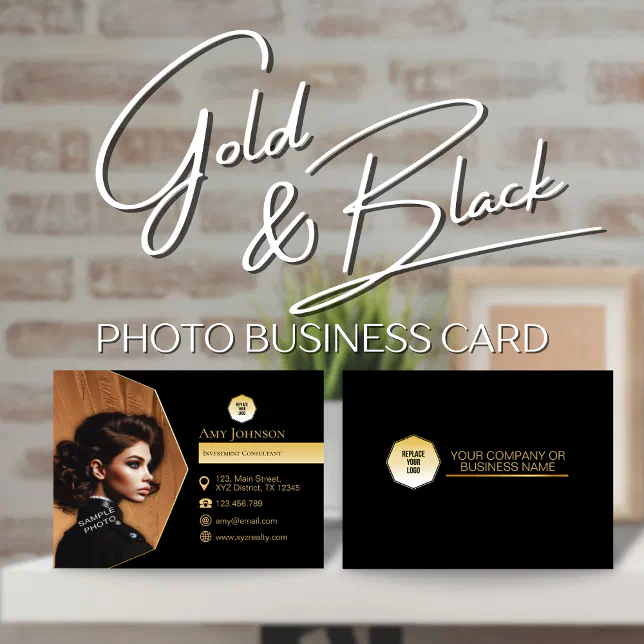 Elegant Gold & Black, Add Own Photo & Custom Logo Business Card | Zazzle