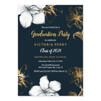 Elegant Gold, Black and White Floral Graduation Invitation