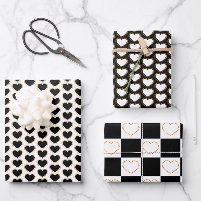 Elegant Gold, Black and White Hearts Pattern Wrapping Paper Sheets (Front)