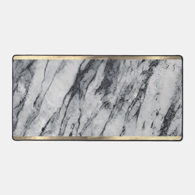   Elegant Gold Black and White Marble Add Monogram Desk Mat (Front)