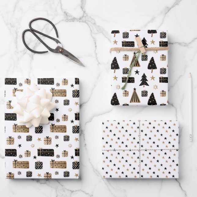 Elegant Gold, Black And White Modern Christmas Wrapping Paper Sheets (Front)