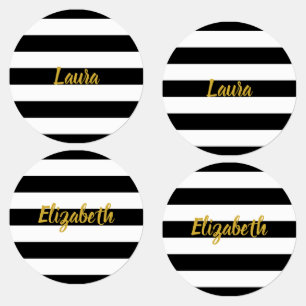 Elegant Gold Black and White Stripes Script Name Kids' Labels