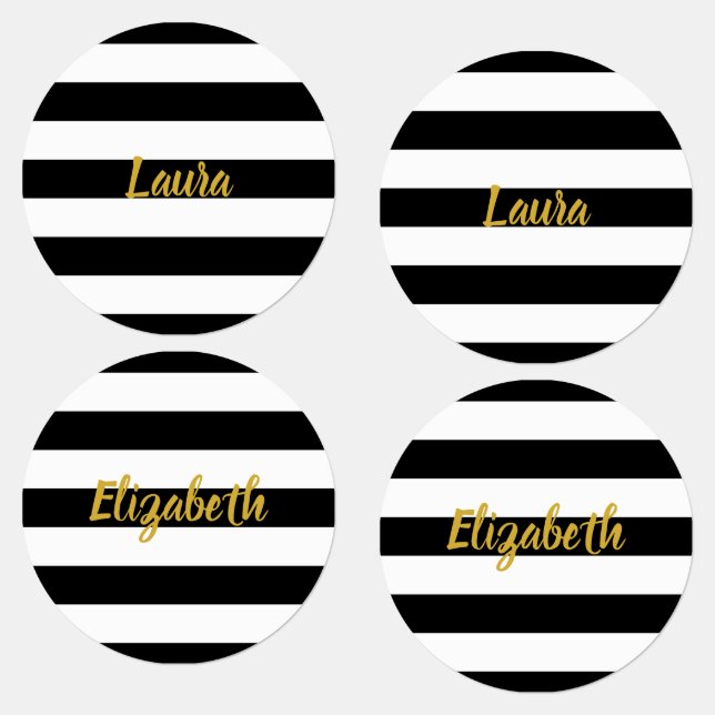 Elegant  Gold Black and White Stripes Script Name Kids' Labels (Group)