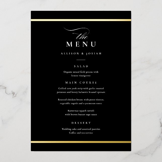 Elegant Gold Black and White Wedding Foil Menus Foil Invitation (Front)