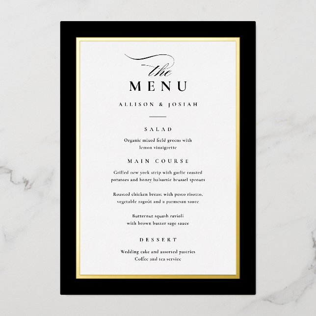 Elegant Gold Black and White Wedding Foil Menus Invitation (Front)