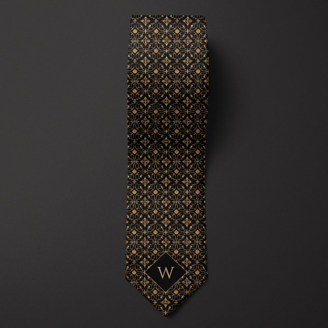 Elegant Gold & Black Arabesque Monogram Neck Tie (Creator Uploaded)