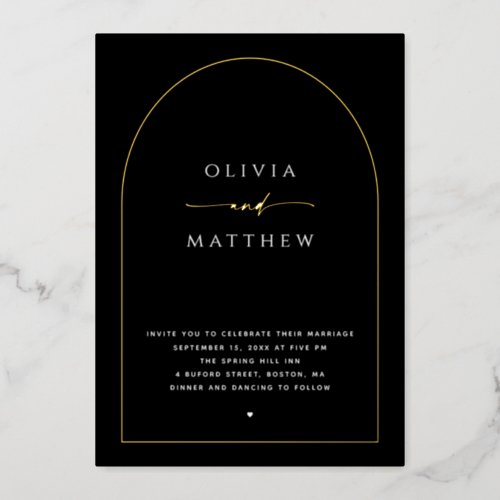 Elegant gold black arch minimalist wedding QR code Foil Invitation