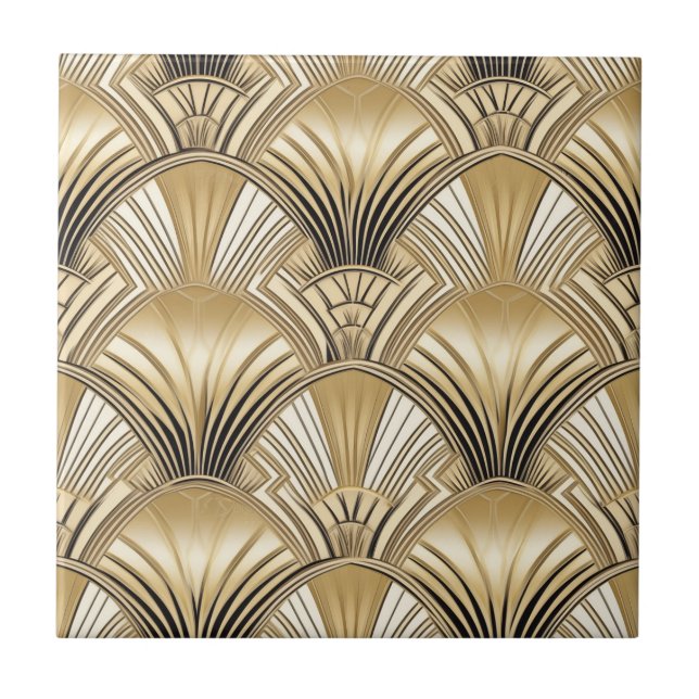 Elegant gold black art deco pattern ceramic tile (Front)