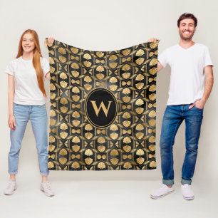 Elegant Gold Black Art Deco Shell Monogram Pattern Fleece Blanket