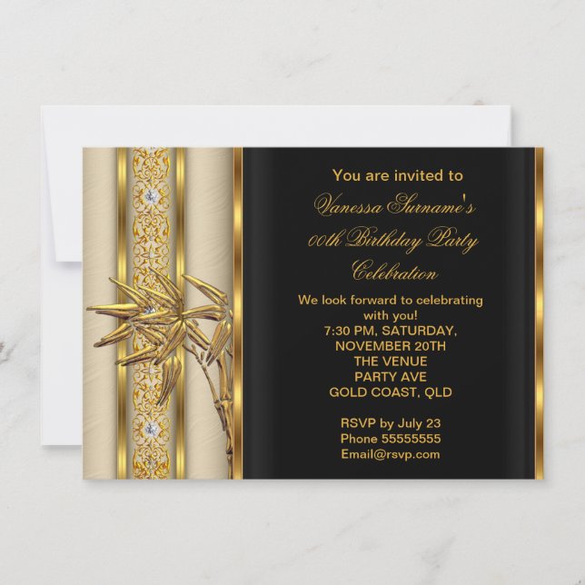 Elegant Gold Black Asian Bamboo Caramel Beige 2 Invitation (Front)