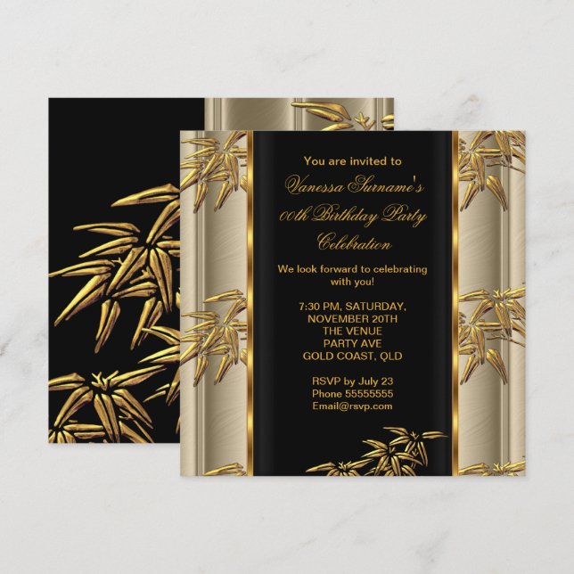 Elegant Gold Black Asian Bamboo Caramel Beige Invitation (Front/Back)