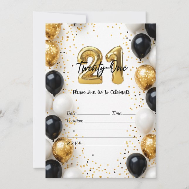 Elegant Gold & Black Balloon 21st Birthday Invite (Front)
