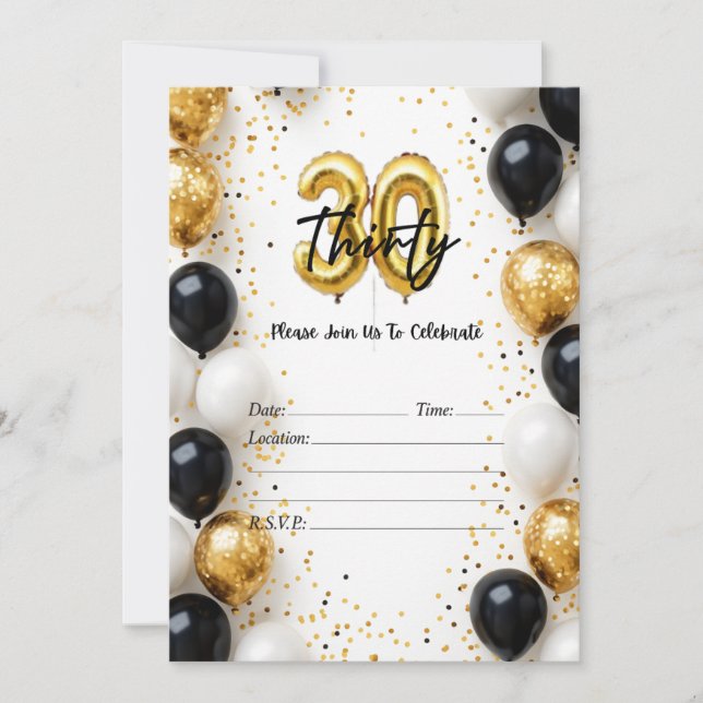 Elegant Gold & Black Balloon 30th Birthday Invite (Front)