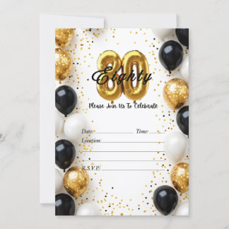 Elegant Gold & Black Balloon 80th Birthday Invite