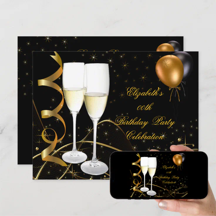 Elegant Gold Black Balloons Birthday Party Invitation | Zazzle