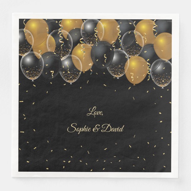 Elegant Gold Black Balloons Confetti Wedding Paper Dinner Napkins (Front)