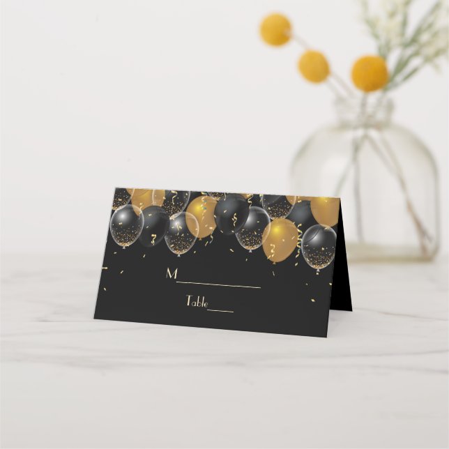 Elegant Gold Black Balloons Confetti Wedding Place Card (Front)