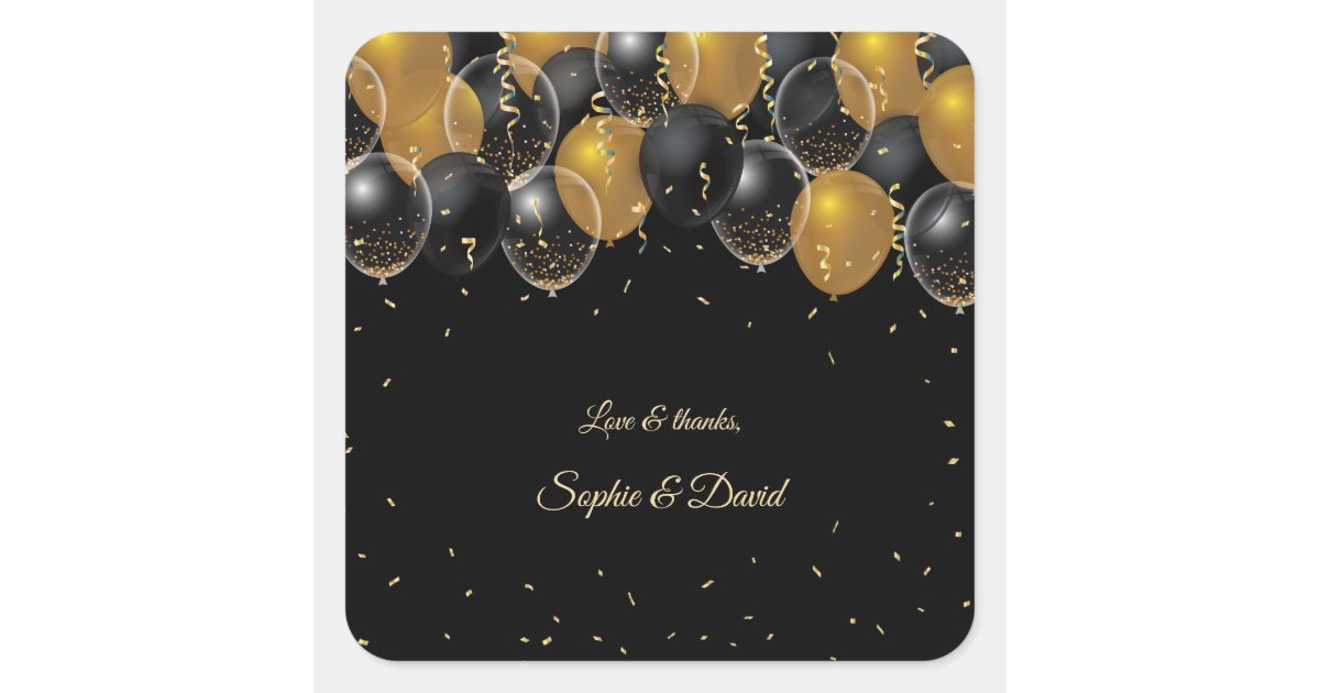 Elegant Gold Black Balloons Confetti Wedding Square Sticker | Zazzle