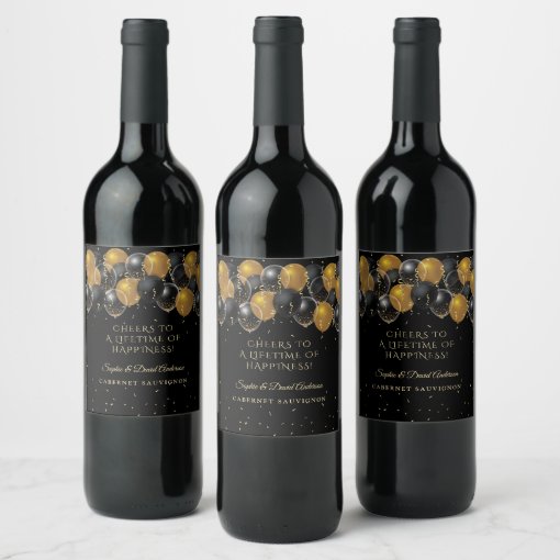 Elegant Gold Black Balloons Confetti Wedding Wine Label | Zazzle