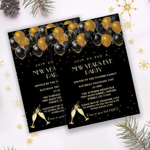 Elegant Gold Black Balloons New Year Party Invitation