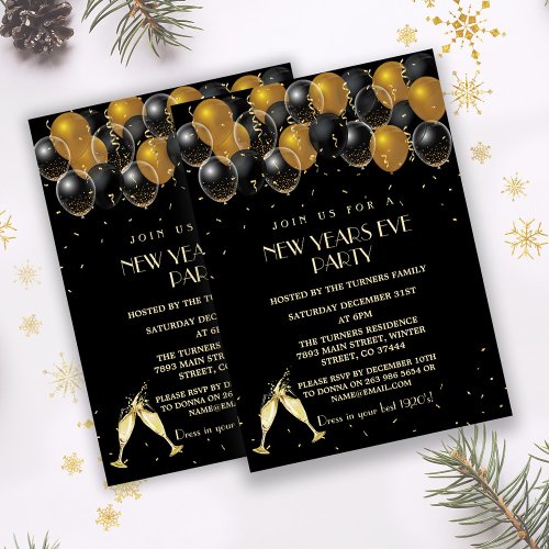Elegant Gold Black Balloons New Year Party Invitation