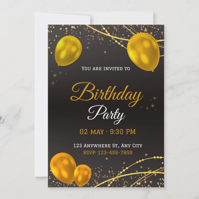 Elegant Gold & Black Birthday Party Invitation (Front)