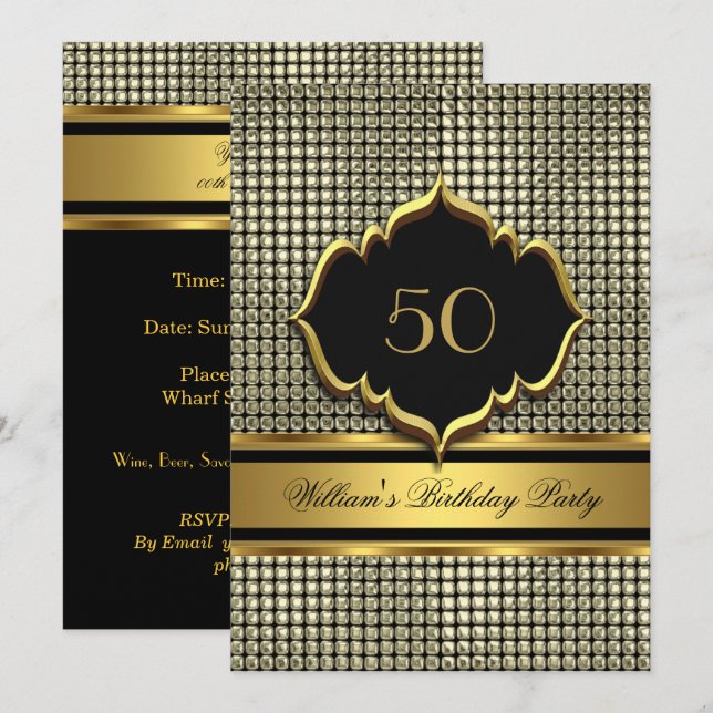 Elegant Gold Black Birthday Party Mens Man Invitation (Front/Back)