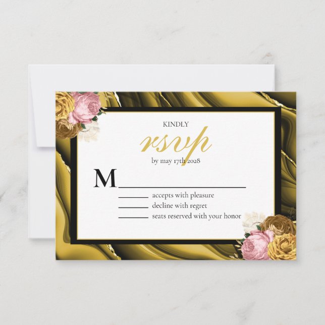 Elegant Gold Black Border Floral Wedding RSVP Card (Front)