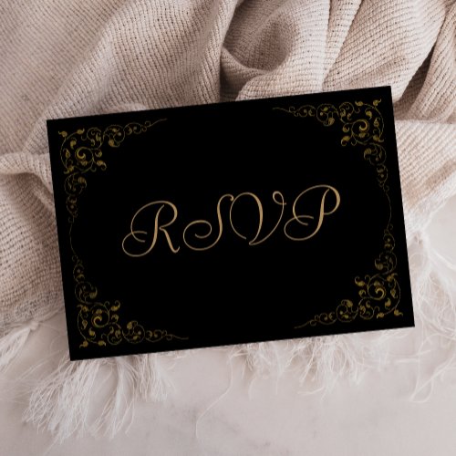 Elegant Gold Black Botanical Frame Wedding RSVP