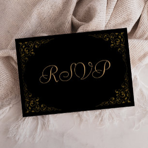 Elegant Gold Black Botanical Frame Wedding RSVP Card