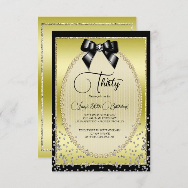 Elegant Gold, Black Bow & Confetti Birthday Invitation (Front/Back)