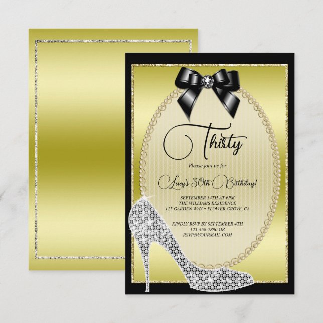 Elegant Gold,  Black Bow & Stiletto Birthday Invitation (Front/Back)