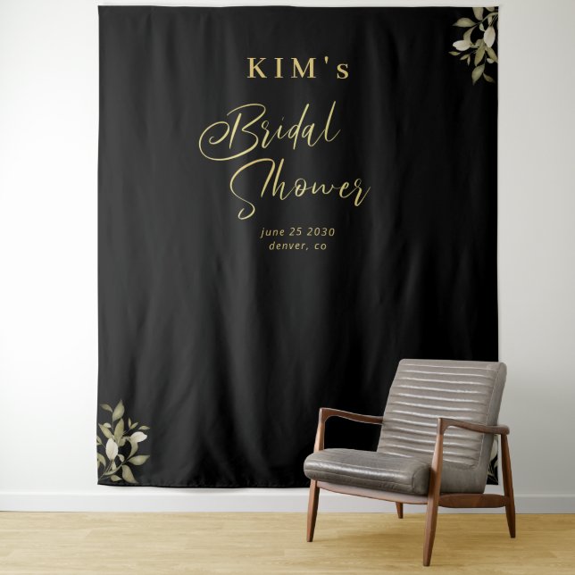 Elegant gold black bridal shower photo backdrop (In Situ)