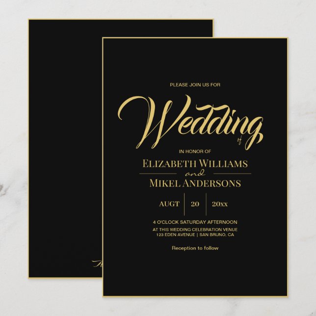 Elegant Gold Black Budget Wedding Invitation (Front/Back)
