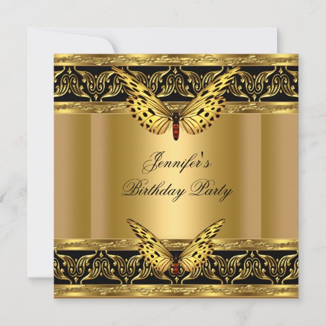 Elegant Gold Black Butterfly Birthday Party Invitation (Front)