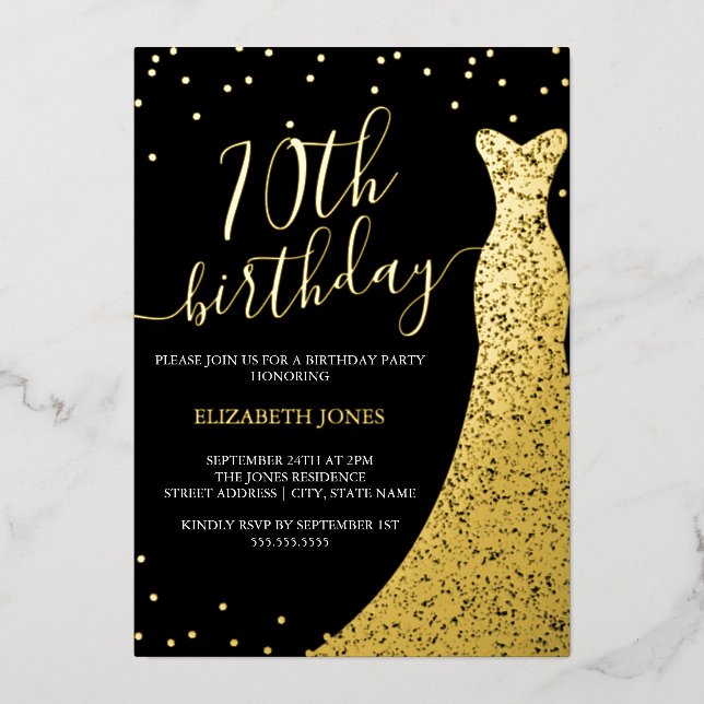 Elegant Gold Black Calligraphy Dress 70th Birthday Foil Invitation (Front)