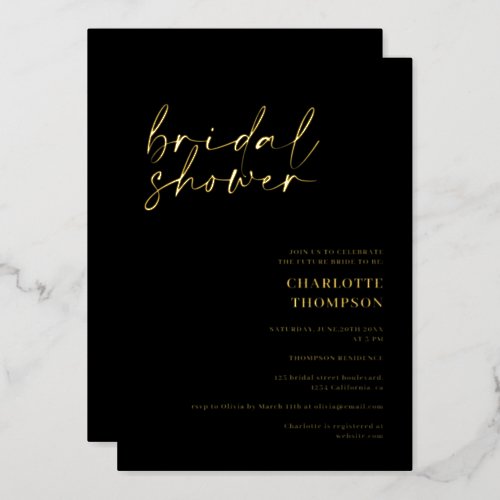 Elegant gold black casual script bridal shower foil invitation