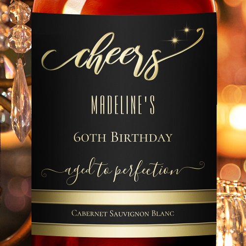 Elegant Gold Black Cheers Birthday Wine Label