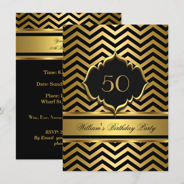 Elegant Gold Black Chevron Birthday Party Invitation (Front/Back)