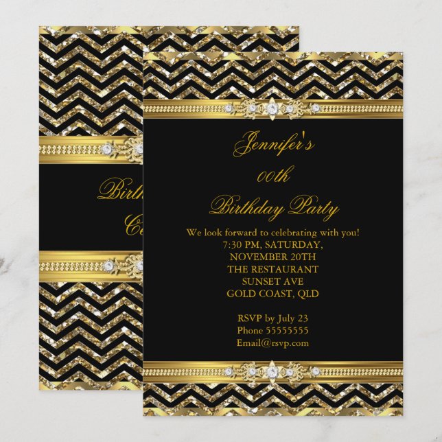 Elegant Gold Black Chevron Diamond Birthday 2 Invitation (Front/Back)