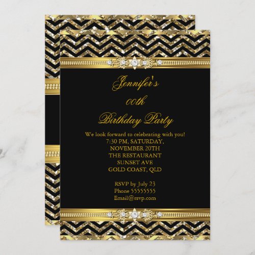 Elegant Gold Black Chevron Diamond Birthday 2 Invitation