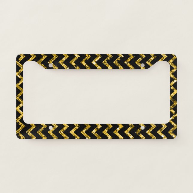 Elegant Gold Black Chevron Stripe Sparkle Glam License Plate Frame (Front)