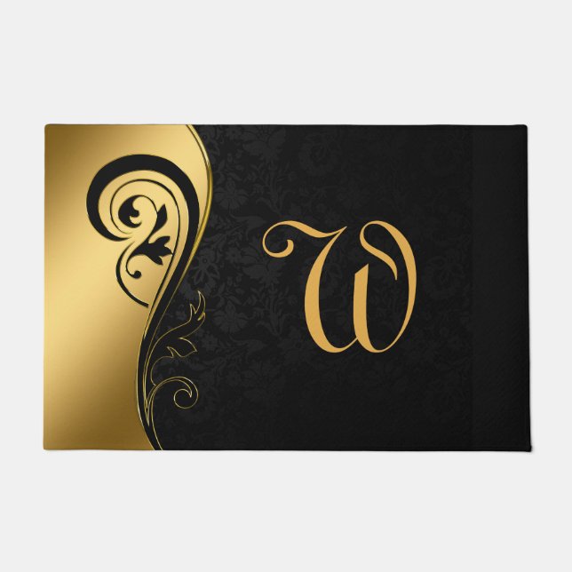 Elegant Gold Black Chic Monogrammed Initial Doormat (Front)