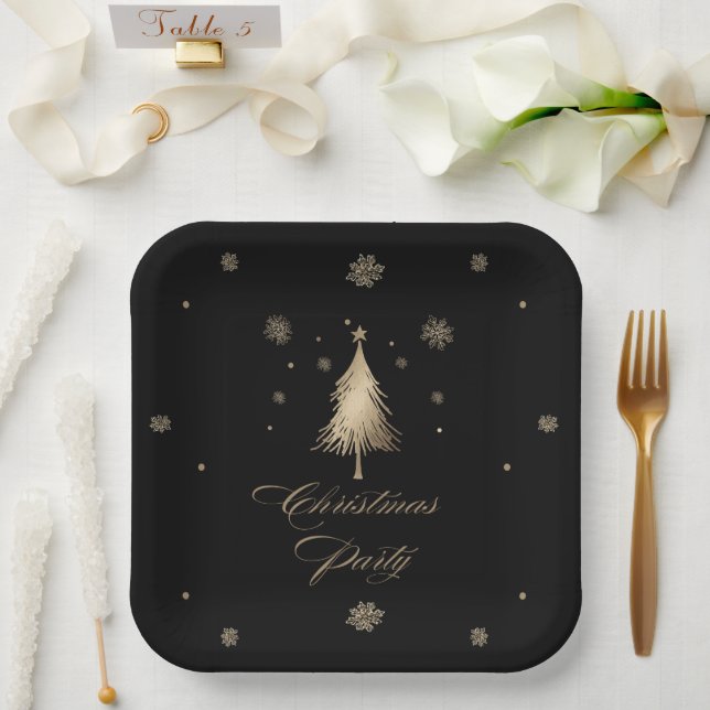 Elegant Gold Black Christmas Party  Paper Plates (Wedding)