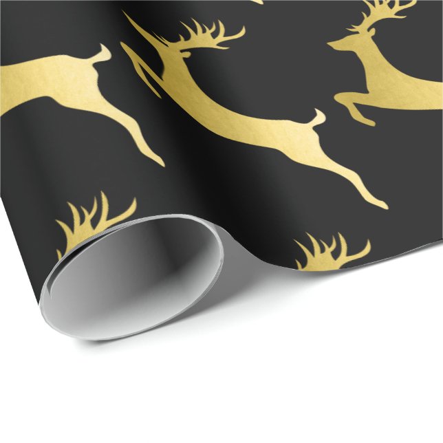 Elegant Gold Black Christmas Reindeer Pattern Wrapping Paper (Roll Corner)