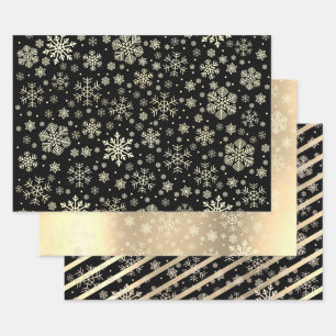 Elegant Gold & Black Christmas Snowflake Pattern Wrapping Paper Sheets