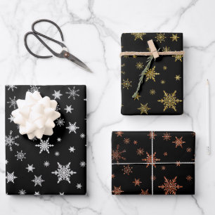 Elegant Gold Black Christmas Snowflakes Glitter Wrapping Paper Sheets