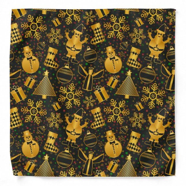 Elegant Gold & Black Christmas Snowman Angel Tree Bandana (Front)