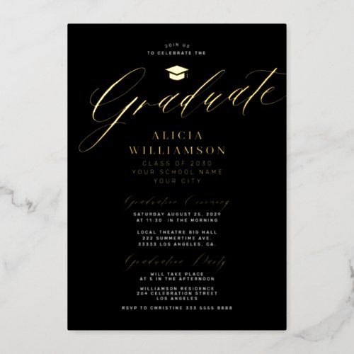 Elegant gold black classic script photo graduation foil invitation